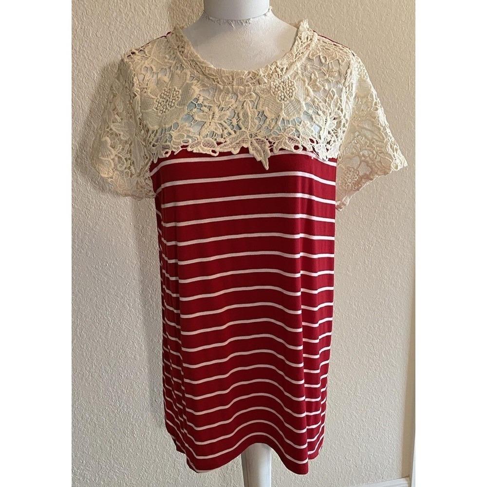 New Directions Women's XL Red White Striped Lace Top Short‎ Sleeve Tunic